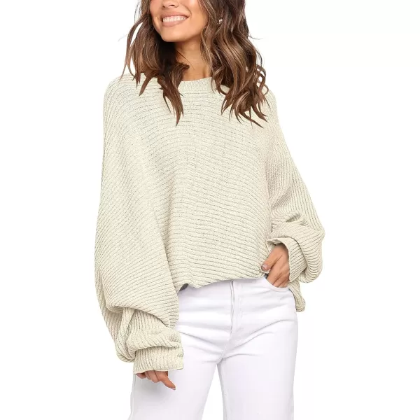 imageANRABESS Womens Oversized Crewneck Sweater Batwing Puff Long Sleeve Ribbed Slouchy Pullover SweaterApricot