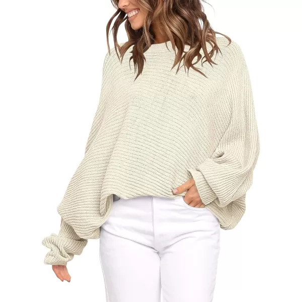 imageANRABESS Womens Oversized Crewneck Sweater Batwing Puff Long Sleeve Ribbed Slouchy Pullover SweaterApricot