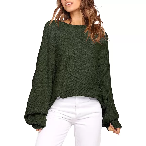 imageANRABESS Womens Oversized Crewneck Sweater Batwing Puff Long Sleeve Ribbed Slouchy Pullover SweaterArmy Green