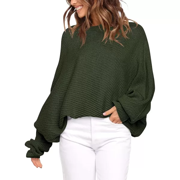 imageANRABESS Womens Oversized Crewneck Sweater Batwing Puff Long Sleeve Ribbed Slouchy Pullover SweaterArmy Green