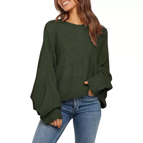 imageANRABESS Womens Oversized Crewneck Sweater Batwing Puff Long Sleeve Ribbed Slouchy Pullover SweaterArmy Green