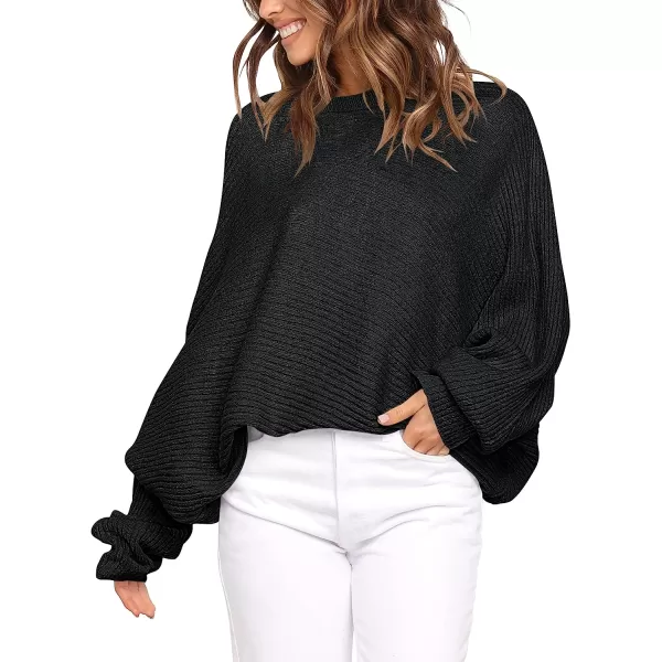 imageANRABESS Womens Oversized Crewneck Sweater Batwing Puff Long Sleeve Ribbed Slouchy Pullover SweaterBlack