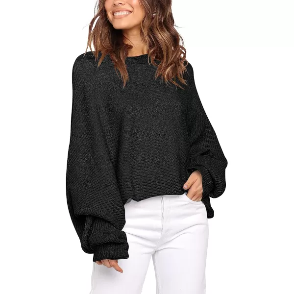 imageANRABESS Womens Oversized Crewneck Sweater Batwing Puff Long Sleeve Ribbed Slouchy Pullover SweaterBlack