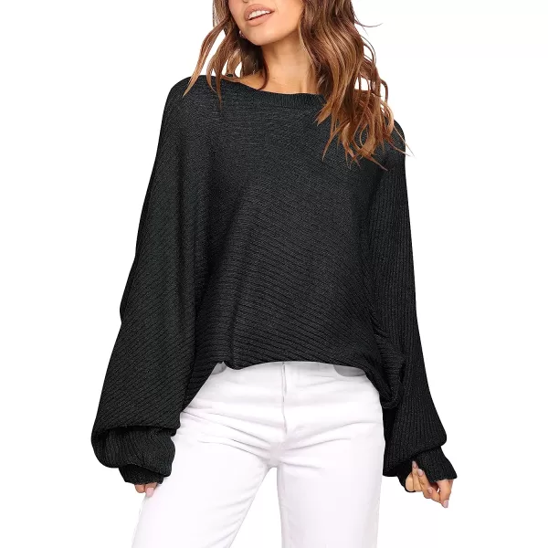 imageANRABESS Womens Oversized Crewneck Sweater Batwing Puff Long Sleeve Ribbed Slouchy Pullover SweaterBlack