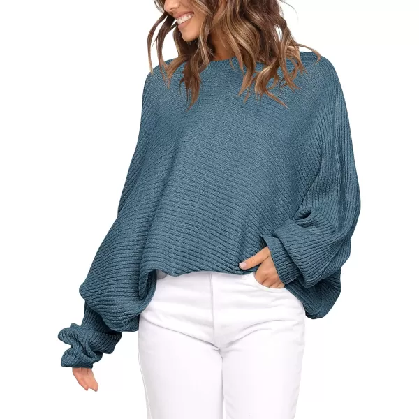 imageANRABESS Womens Oversized Crewneck Sweater Batwing Puff Long Sleeve Ribbed Slouchy Pullover SweaterBlue