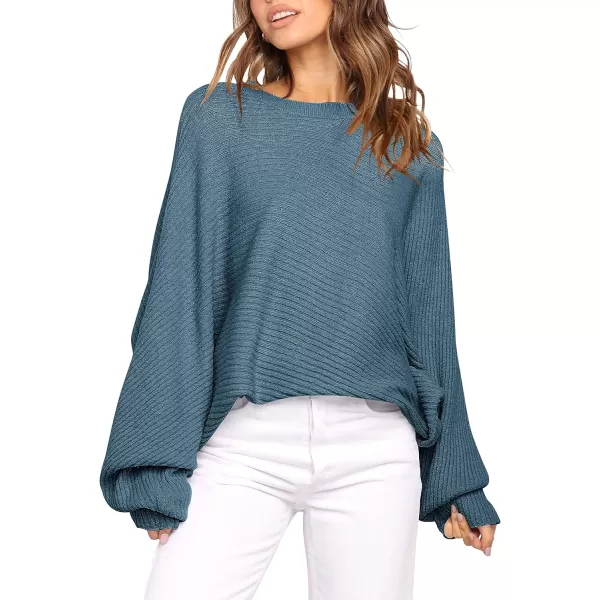 imageANRABESS Womens Oversized Crewneck Sweater Batwing Puff Long Sleeve Ribbed Slouchy Pullover SweaterBlue