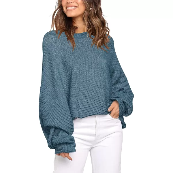 imageANRABESS Womens Oversized Crewneck Sweater Batwing Puff Long Sleeve Ribbed Slouchy Pullover SweaterBlue