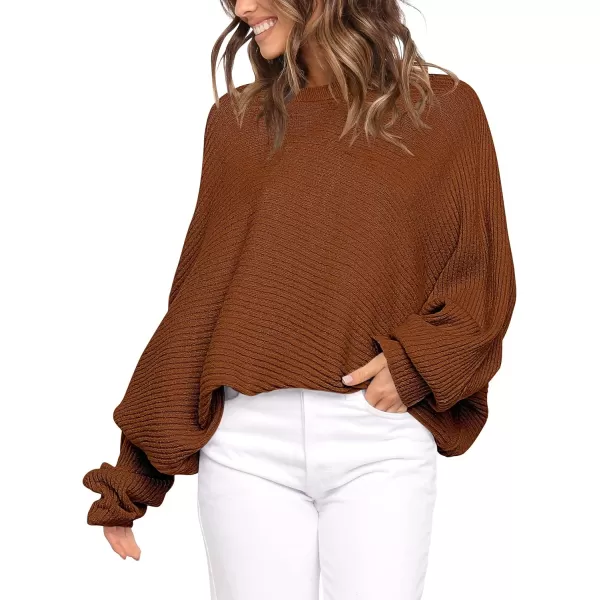 imageANRABESS Womens Oversized Crewneck Sweater Batwing Puff Long Sleeve Ribbed Slouchy Pullover SweaterBrown