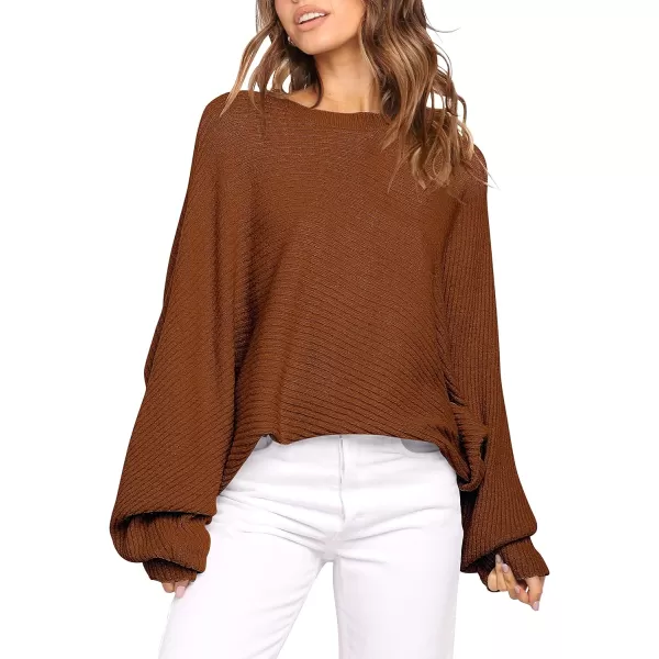 imageANRABESS Womens Oversized Crewneck Sweater Batwing Puff Long Sleeve Ribbed Slouchy Pullover SweaterBrown
