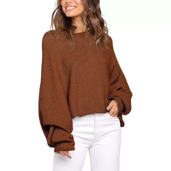 imageANRABESS Womens Oversized Crewneck Sweater Batwing Puff Long Sleeve Ribbed Slouchy Pullover SweaterBrown