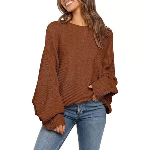 imageANRABESS Womens Oversized Crewneck Sweater Batwing Puff Long Sleeve Ribbed Slouchy Pullover SweaterBrown