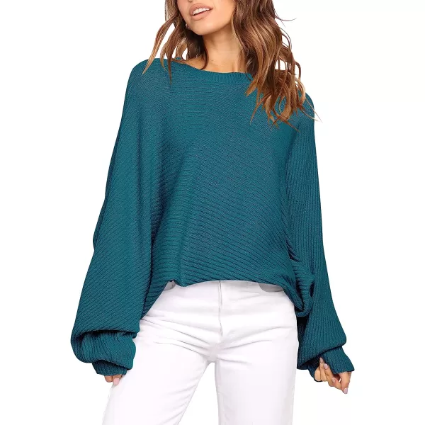 imageANRABESS Womens Oversized Crewneck Sweater Batwing Puff Long Sleeve Ribbed Slouchy Pullover SweaterDenim Blue
