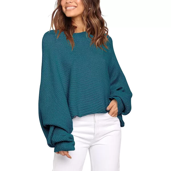 imageANRABESS Womens Oversized Crewneck Sweater Batwing Puff Long Sleeve Ribbed Slouchy Pullover SweaterDenim Blue