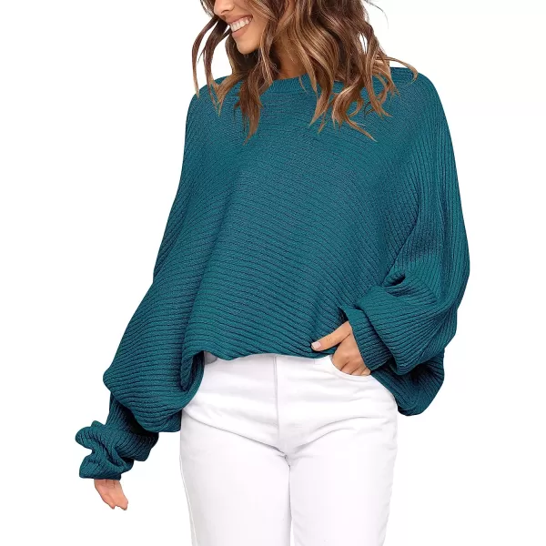 imageANRABESS Womens Oversized Crewneck Sweater Batwing Puff Long Sleeve Ribbed Slouchy Pullover SweaterDenim Blue