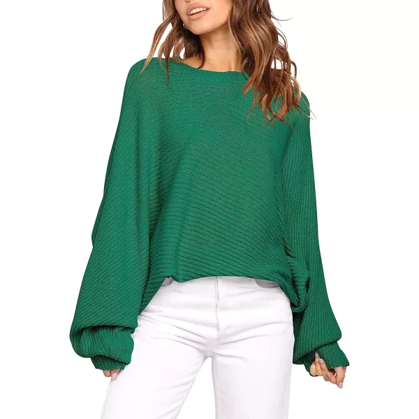 imageANRABESS Womens Oversized Crewneck Sweater Batwing Puff Long Sleeve Ribbed Slouchy Pullover SweaterGreen