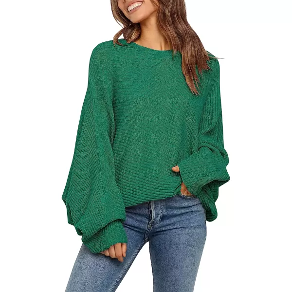 imageANRABESS Womens Oversized Crewneck Sweater Batwing Puff Long Sleeve Ribbed Slouchy Pullover SweaterGreen