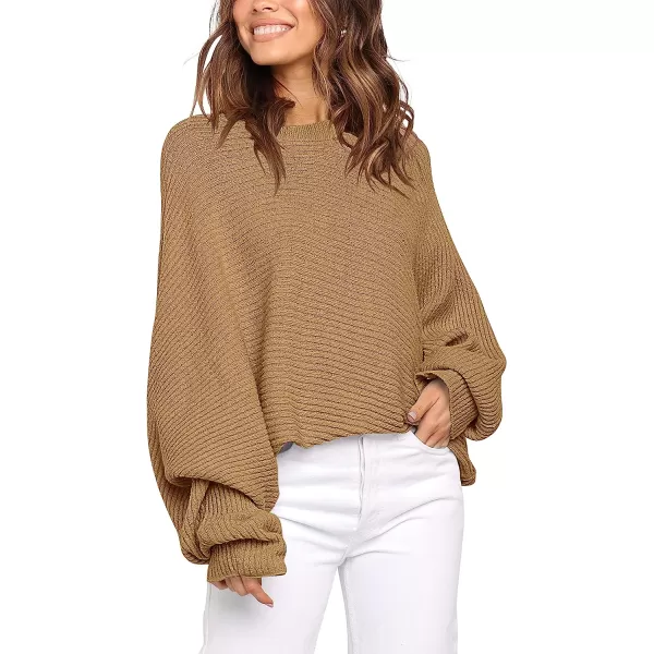 imageANRABESS Womens Oversized Crewneck Sweater Batwing Puff Long Sleeve Ribbed Slouchy Pullover SweaterKhaki