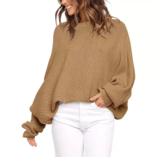 imageANRABESS Womens Oversized Crewneck Sweater Batwing Puff Long Sleeve Ribbed Slouchy Pullover SweaterKhaki