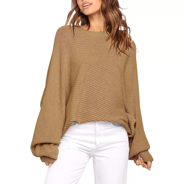 imageANRABESS Womens Oversized Crewneck Sweater Batwing Puff Long Sleeve Ribbed Slouchy Pullover SweaterKhaki