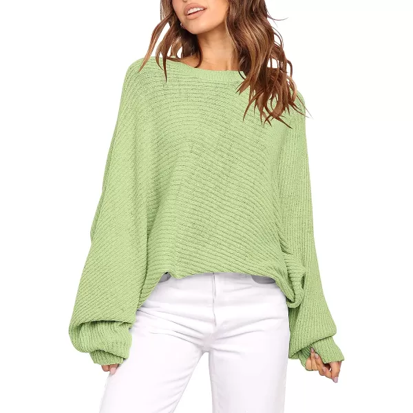 imageANRABESS Womens Oversized Crewneck Sweater Batwing Puff Long Sleeve Ribbed Slouchy Pullover SweaterPea