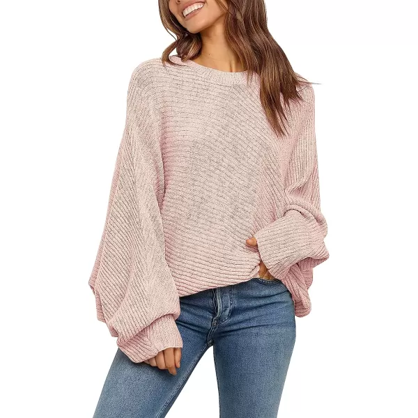imageANRABESS Womens Oversized Crewneck Sweater Batwing Puff Long Sleeve Ribbed Slouchy Pullover SweaterPink