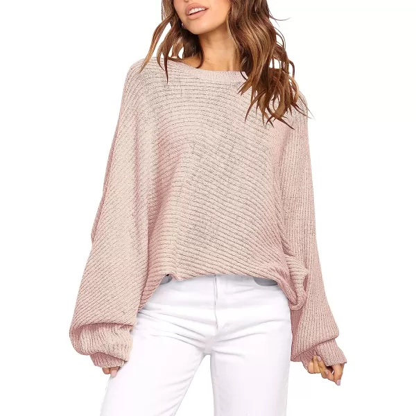imageANRABESS Womens Oversized Crewneck Sweater Batwing Puff Long Sleeve Ribbed Slouchy Pullover SweaterPink