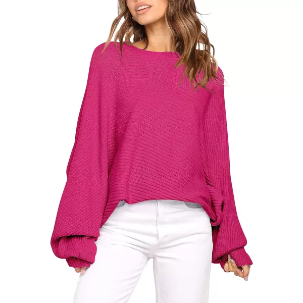 imageANRABESS Womens Oversized Crewneck Sweater Batwing Puff Long Sleeve Ribbed Slouchy Pullover SweaterRose