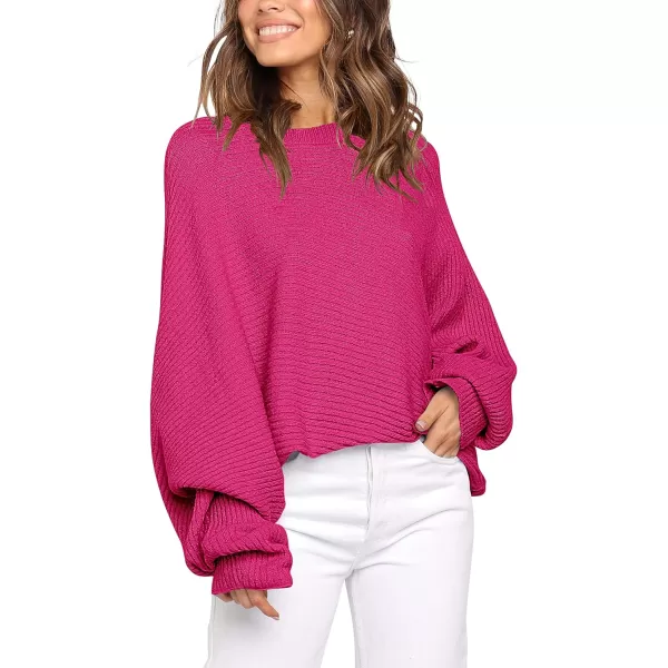 imageANRABESS Womens Oversized Crewneck Sweater Batwing Puff Long Sleeve Ribbed Slouchy Pullover SweaterRose