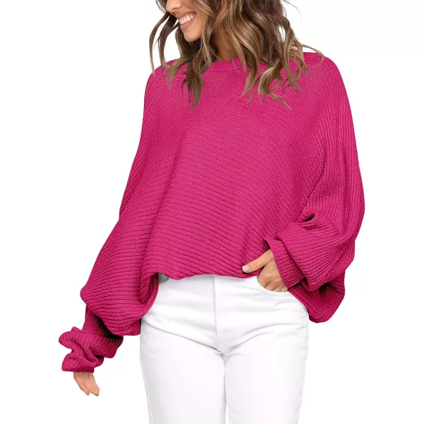 imageANRABESS Womens Oversized Crewneck Sweater Batwing Puff Long Sleeve Ribbed Slouchy Pullover SweaterRose