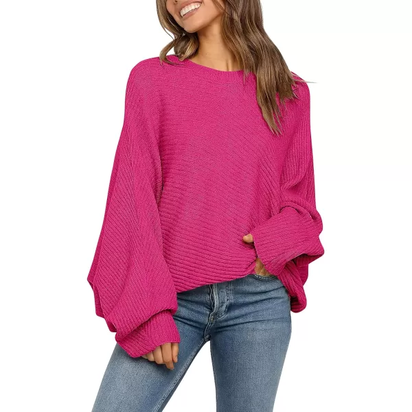 imageANRABESS Womens Oversized Crewneck Sweater Batwing Puff Long Sleeve Ribbed Slouchy Pullover SweaterRose