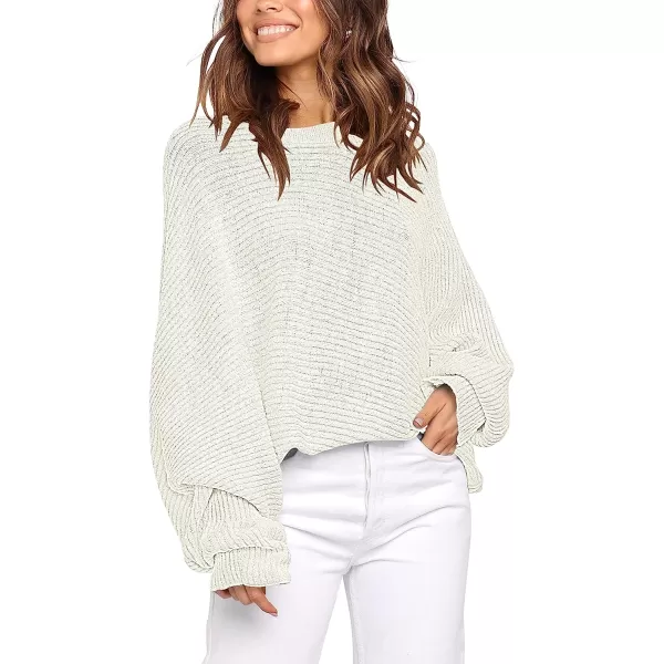 imageANRABESS Womens Oversized Crewneck Sweater Batwing Puff Long Sleeve Ribbed Slouchy Pullover SweaterWhite