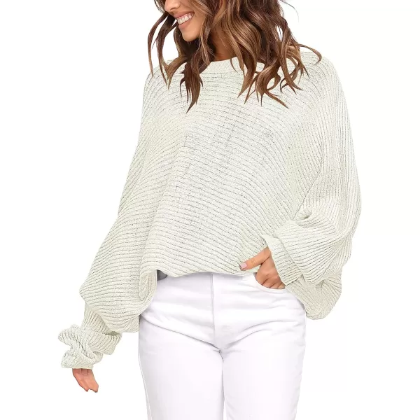 imageANRABESS Womens Oversized Crewneck Sweater Batwing Puff Long Sleeve Ribbed Slouchy Pullover SweaterWhite