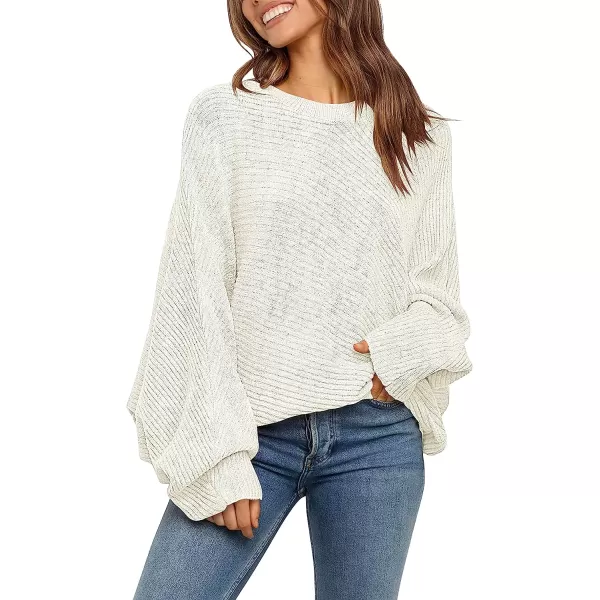 imageANRABESS Womens Oversized Crewneck Sweater Batwing Puff Long Sleeve Ribbed Slouchy Pullover SweaterWhite