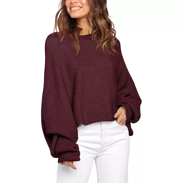 imageANRABESS Womens Oversized Crewneck Sweater Batwing Puff Long Sleeve Ribbed Slouchy Pullover SweaterWine Red