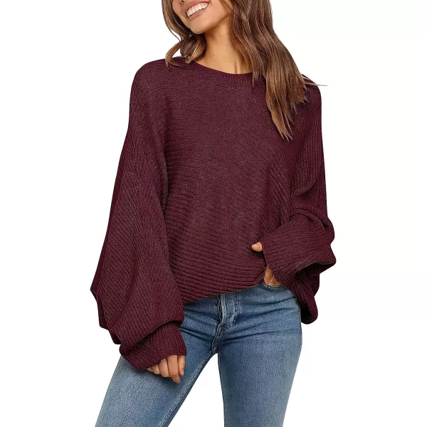 imageANRABESS Womens Oversized Crewneck Sweater Batwing Puff Long Sleeve Ribbed Slouchy Pullover SweaterWine Red