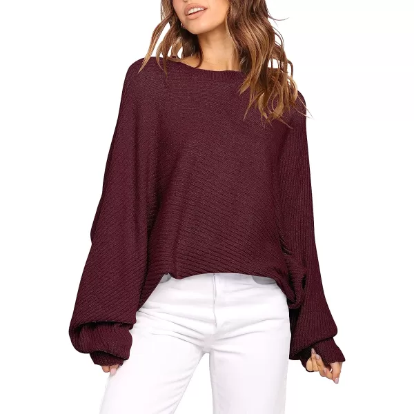 imageANRABESS Womens Oversized Crewneck Sweater Batwing Puff Long Sleeve Ribbed Slouchy Pullover SweaterWine Red