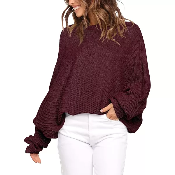 imageANRABESS Womens Oversized Crewneck Sweater Batwing Puff Long Sleeve Ribbed Slouchy Pullover SweaterWine Red