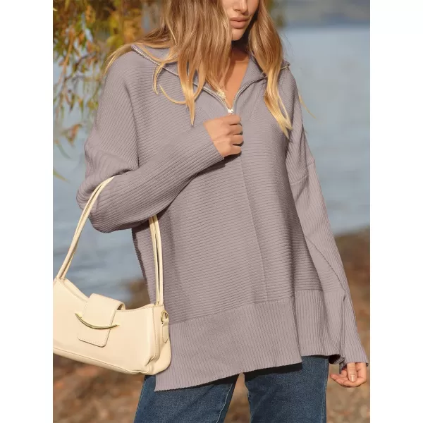 imageANRABESS Womens Oversized Half Zip Sweater Casual Knit Pullover Tunic Sweater with Slit 2023 Trendy Fall Winter ClothesAlmond