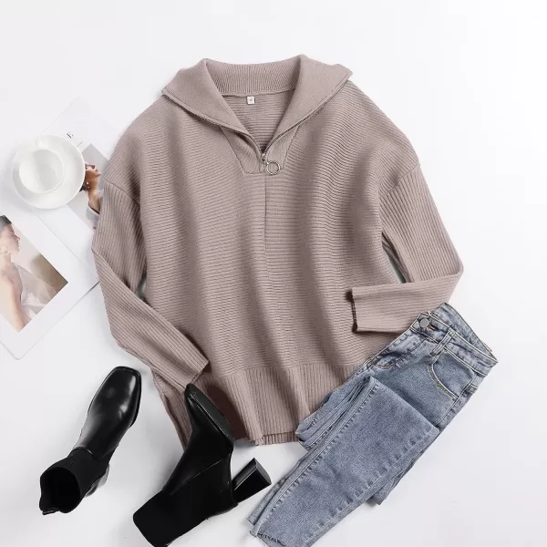 imageANRABESS Womens Oversized Half Zip Sweater Casual Knit Pullover Tunic Sweater with Slit 2023 Trendy Fall Winter ClothesAlmond