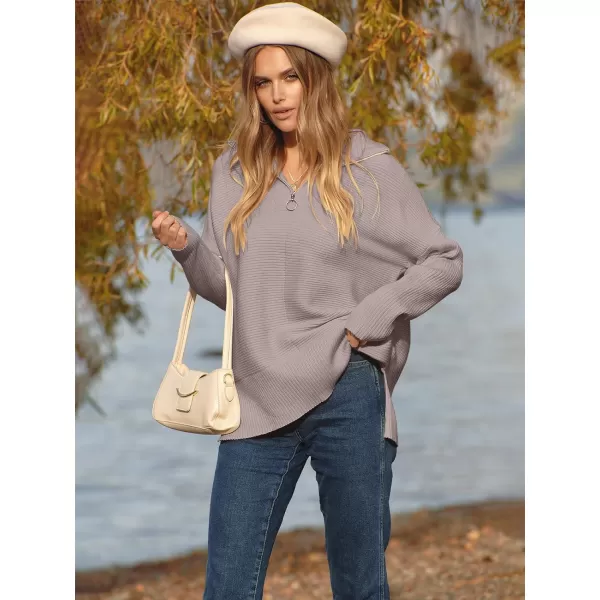 imageANRABESS Womens Oversized Half Zip Sweater Casual Knit Pullover Tunic Sweater with Slit 2023 Trendy Fall Winter ClothesAlmond