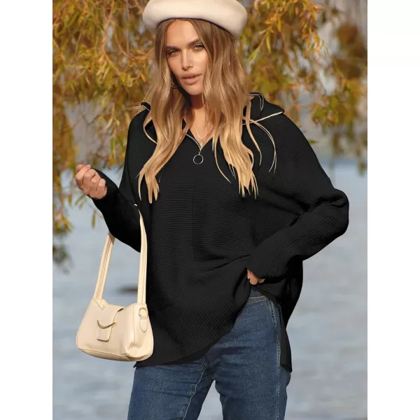 imageANRABESS Womens Oversized Half Zip Sweater Casual Knit Pullover Tunic Sweater with Slit 2023 Trendy Fall Winter ClothesBlack