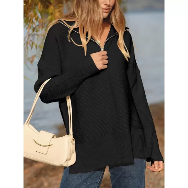imageANRABESS Womens Oversized Half Zip Sweater Casual Knit Pullover Tunic Sweater with Slit 2023 Trendy Fall Winter ClothesBlack