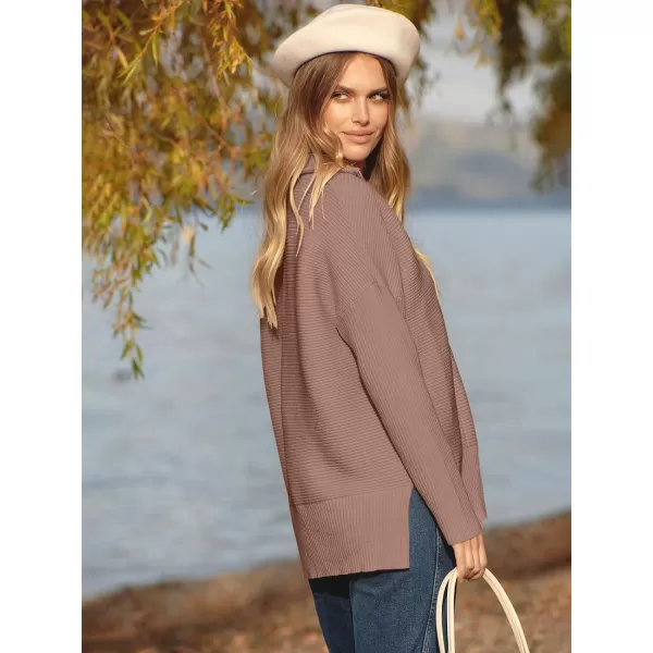 imageANRABESS Womens Oversized Half Zip Sweater Casual Knit Pullover Tunic Sweater with Slit 2023 Trendy Fall Winter ClothesBrown