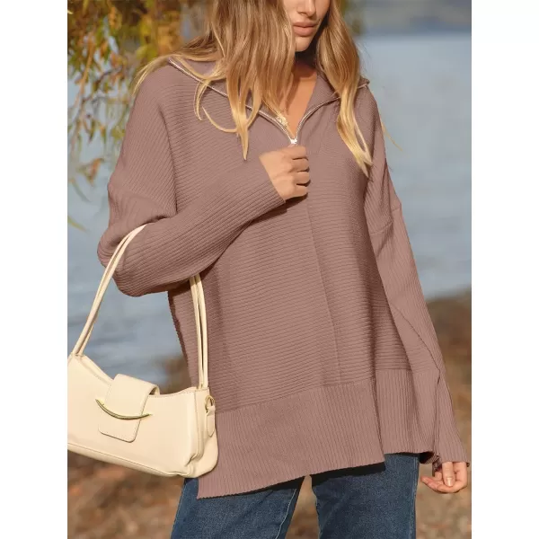 imageANRABESS Womens Oversized Half Zip Sweater Casual Knit Pullover Tunic Sweater with Slit 2023 Trendy Fall Winter ClothesBrown