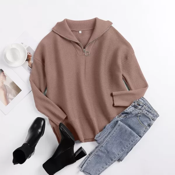 imageANRABESS Womens Oversized Half Zip Sweater Casual Knit Pullover Tunic Sweater with Slit 2023 Trendy Fall Winter ClothesBrown
