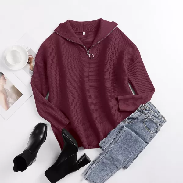 imageANRABESS Womens Oversized Half Zip Sweater Casual Knit Pullover Tunic Sweater with Slit 2023 Trendy Fall Winter ClothesBurgundy