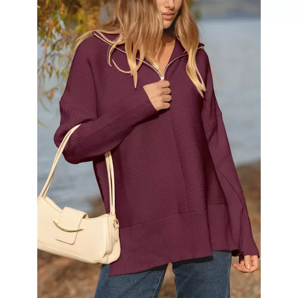 imageANRABESS Womens Oversized Half Zip Sweater Casual Knit Pullover Tunic Sweater with Slit 2023 Trendy Fall Winter ClothesBurgundy