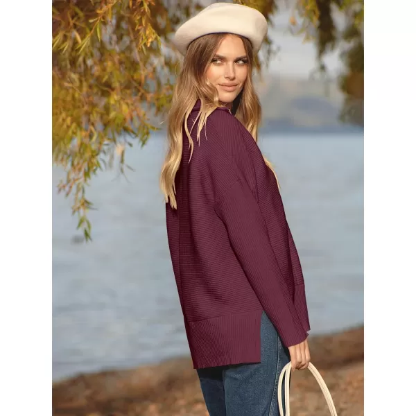 imageANRABESS Womens Oversized Half Zip Sweater Casual Knit Pullover Tunic Sweater with Slit 2023 Trendy Fall Winter ClothesBurgundy