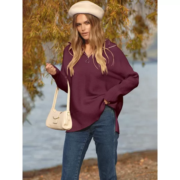 imageANRABESS Womens Oversized Half Zip Sweater Casual Knit Pullover Tunic Sweater with Slit 2023 Trendy Fall Winter ClothesBurgundy