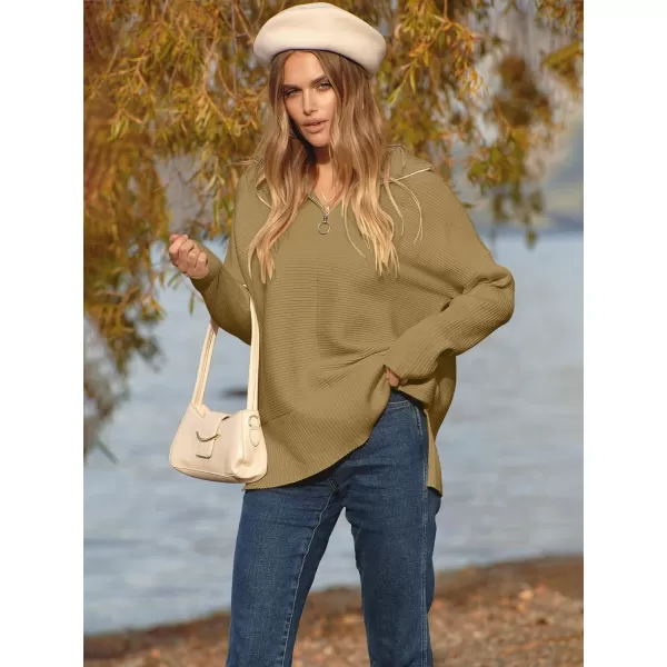 imageANRABESS Womens Oversized Half Zip Sweater Casual Knit Pullover Tunic Sweater with Slit 2023 Trendy Fall Winter ClothesCamel